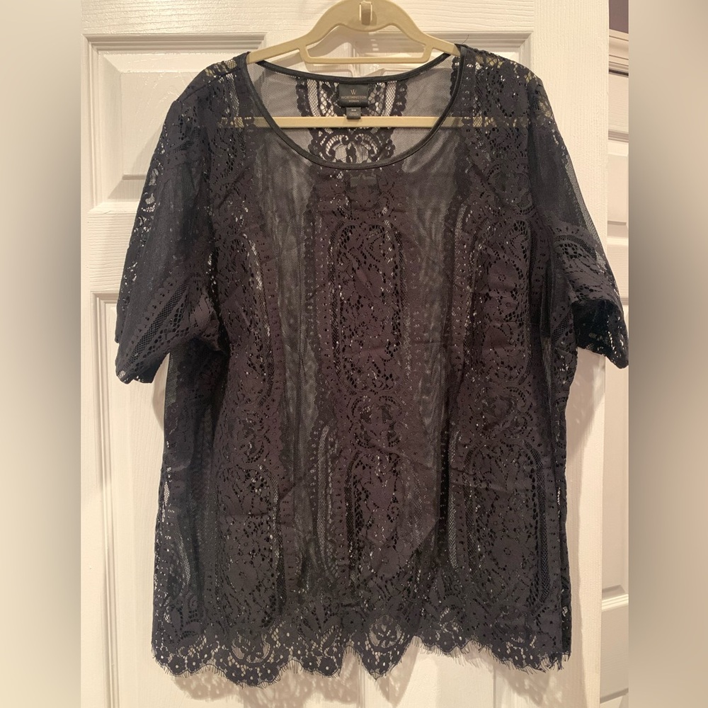 Worthington 3X black lace short sleeve top NWT